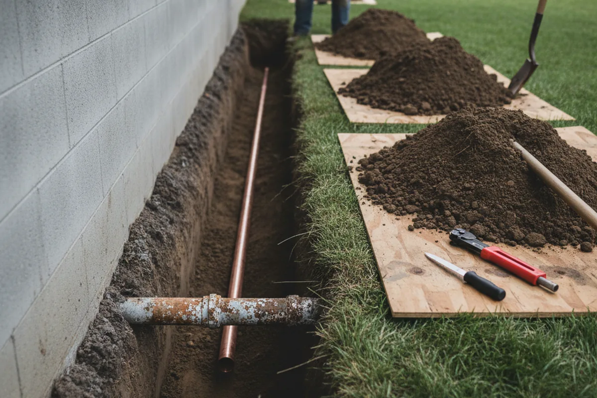 Excavated water line trench during Sewer Line Repair in Saint Joseph